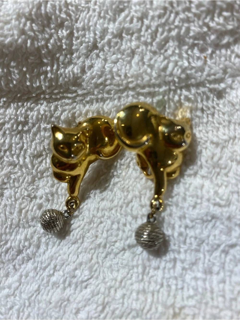 Gold Cat Drop Clip On Earrings with Silver Sphere Accent (RR)